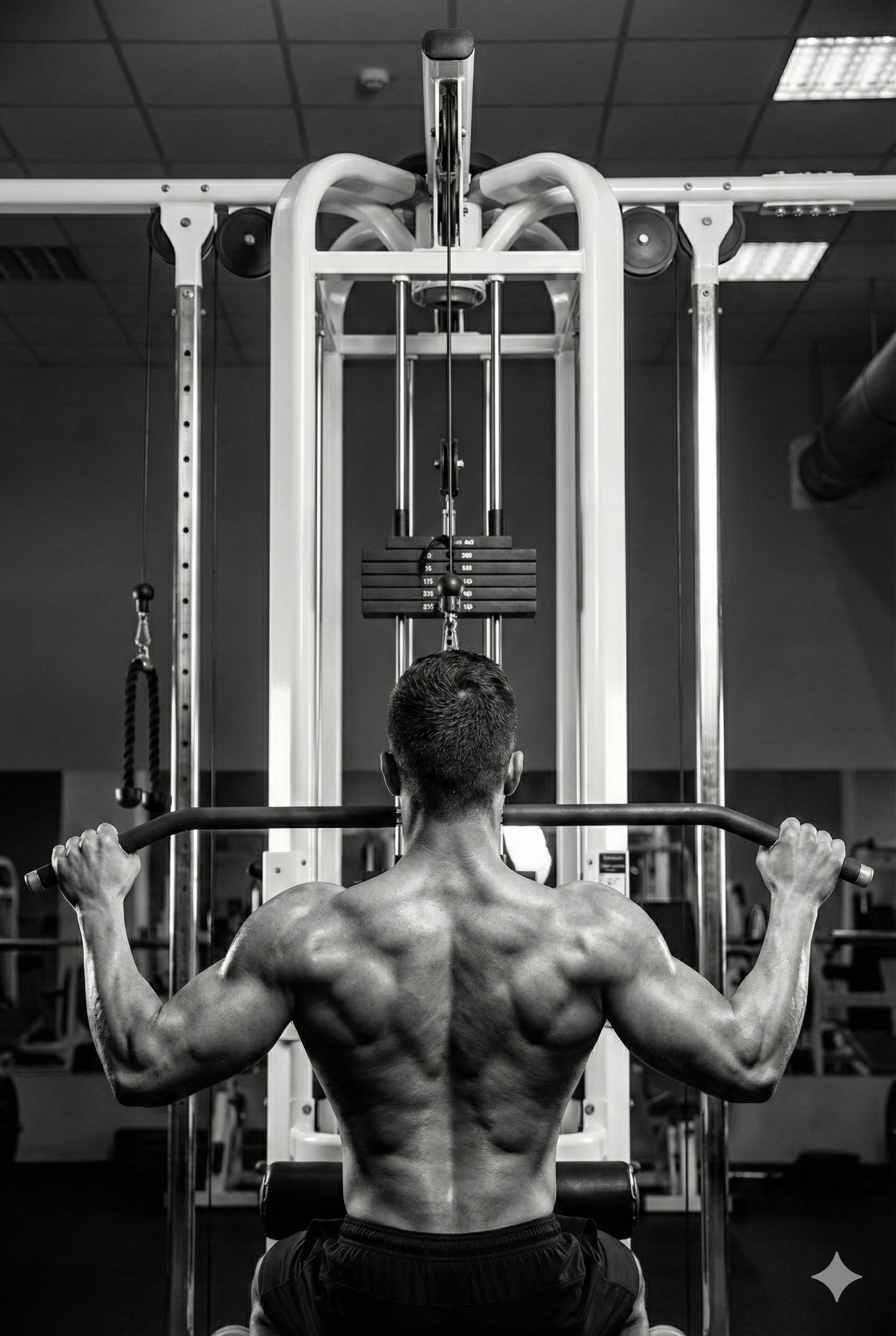 Gym athlete performing a lat pulldown